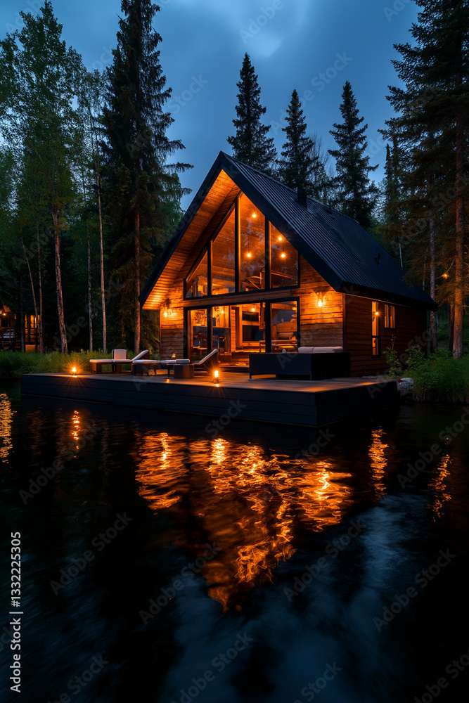 Fototapeta premium serene frame cabin by water, illuminated at dusk, surrounded by tall trees. warm lights reflect beautifully on calm surface, creating peaceful atmosphere