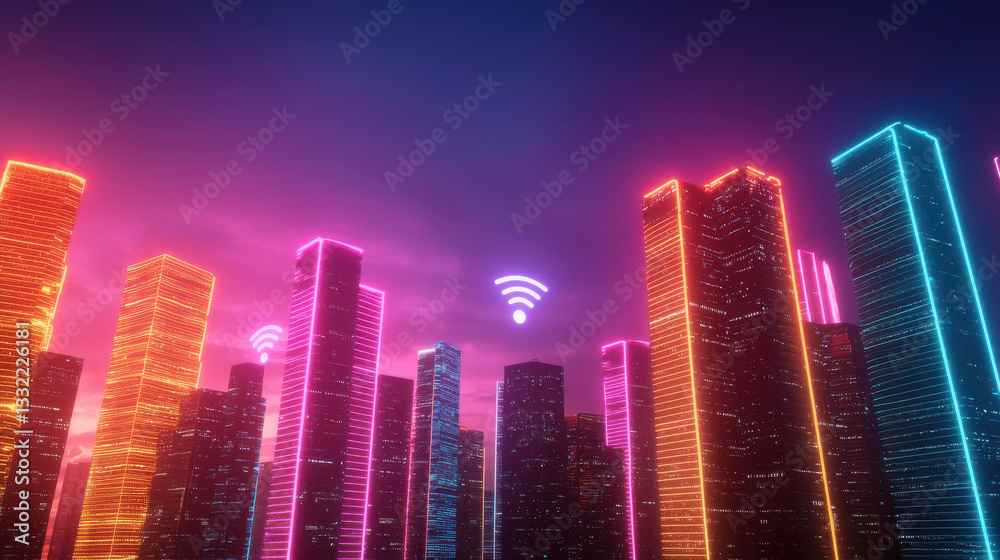 Wireless Technology and Future WiFi Concept, vibrant cyber city skyline illuminated by neon lights and Wi Fi signals Wireless Technology and Future WiFi Concept, vibrant cyber city skyline illuminated by neon lights and Wi Fi signals