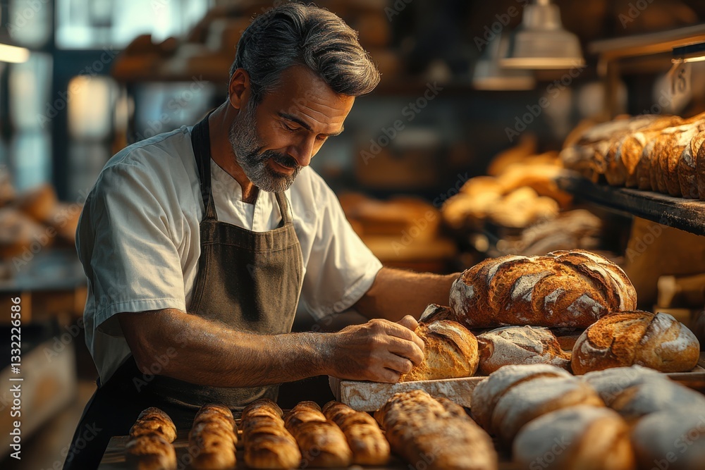Man working in a local bakery, crafting delicious bread, using traditional methods, and emphasizing quality.