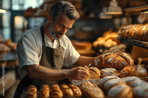 Obraz na płótnie Man working in a local bakery, crafting delicious bread, using traditional methods, and emphasizing quality. w salonie