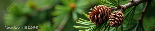 Brown pine cones huddled together on a pine bough, surrounded by green needles , wood, autumn, green