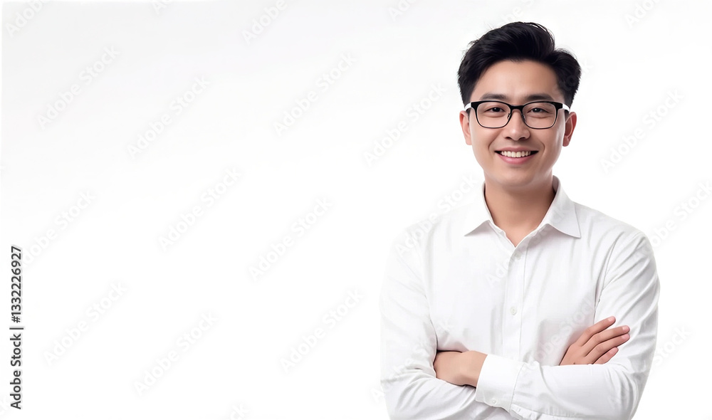 Hombre asiático, elegante y profesional, con camisa blanca sobre fondo blanco. La imagen muestra una pose confiada y positiva, ideal para proyectos de moda, negocios, y estilo de vida. Hombre asiático, elegante y profesional, con camisa blanca sobre fondo blanco. La imagen muestra una pose confiada y positiva, ideal para proyectos de moda, negocios, y estilo de vida.