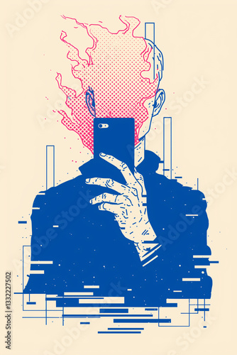 Digital Self-Portrait: An artistic depiction of a person engulfed in digital flames while capturing a self-portrait with a mobile device.