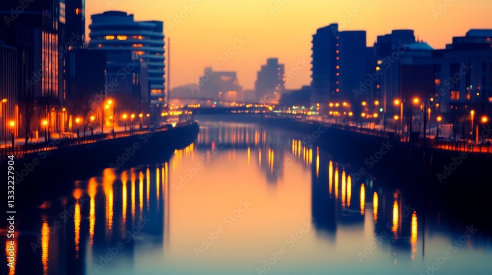 Fototapeta premium Serene cityscape at dusk featuring illuminated buildings reflecting on a calm river