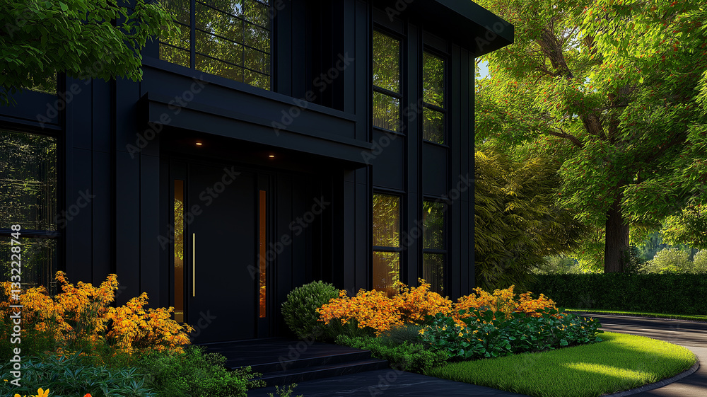 Fototapeta premium Modern black house exterior with vibrant flowers and lush greenery