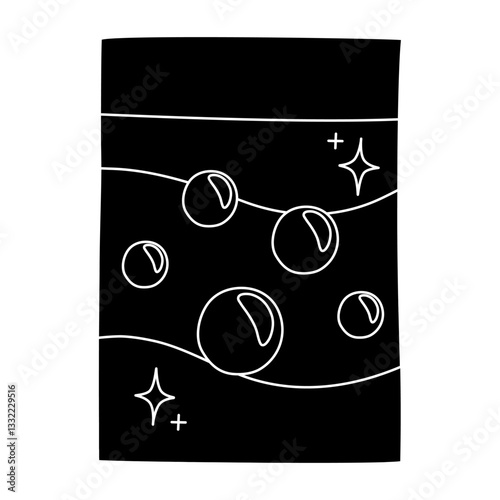 Black silhouette of laundry detergent package with floating soap bubbles, glyph icon flat vector