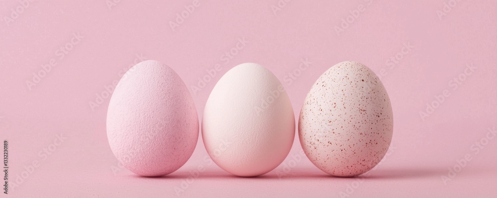 Fototapeta premium Three pastel eggs in varying shades of pink set against a soft pink background create a minimalist and elegant aesthetic.