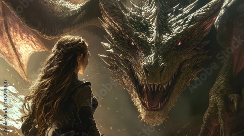 An epic, heartbreaking moment in the breathtaking land of Dungeons and Dragons, where a petite, desperate woman with long, flowing brown hair escapes dangerous dragons with her companion. 