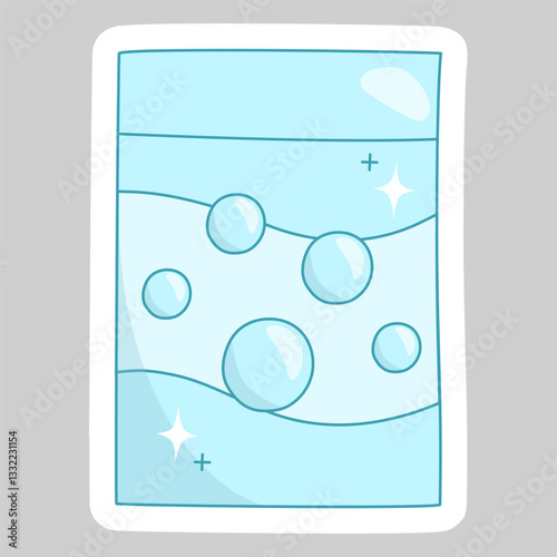 Sticker with laundry detergent package with floating soap bubbles symbolizing cleanliness, vector