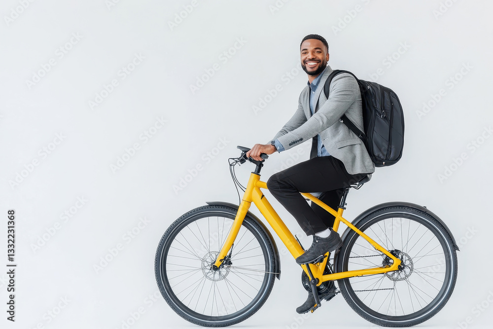 Smiling professional riding a yellow bike with a backpack in urban attire Smiling professional riding a yellow bike with a backpack in urban attire