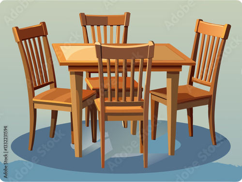 vector of classic wooden dining table with four matching chairs. The chairs have vertical slats on the backrest and a plain wooden seat.