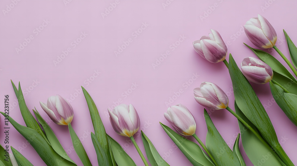 Fototapeta premium Deep purple tulips bouquet with lush green leaves on a rich purple background, elegant floral composition for romantic occasions, weddings, Mother’s Day, and sophisticated botanical decor