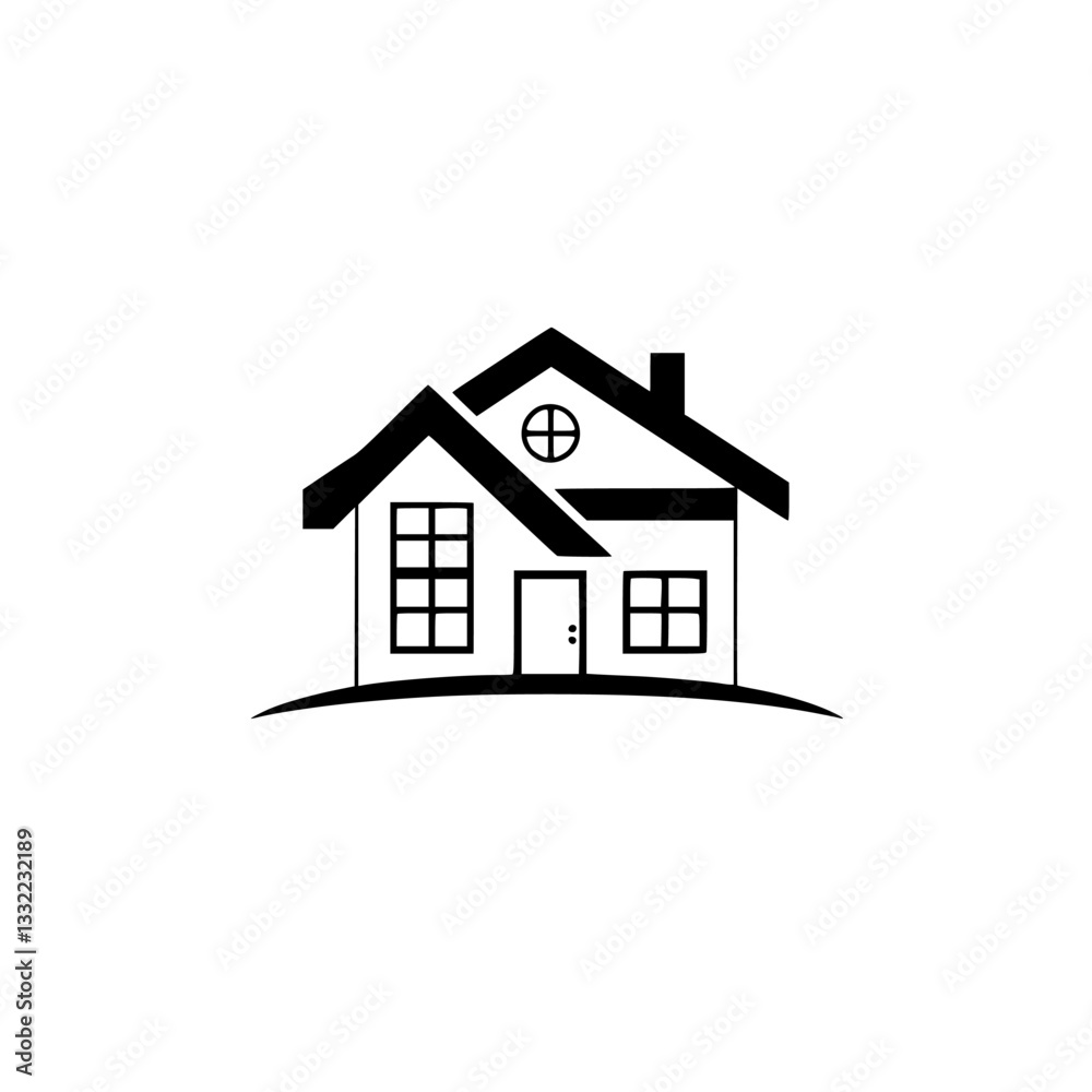 Monochromatic minimalist vector illustration of a simple house with a chimney, windows, and a front door, on a curved base against a white background. Monochromatic minimalist vector illustration of a simple house with a chimney, windows, and a front door, on a curved base against a white background.