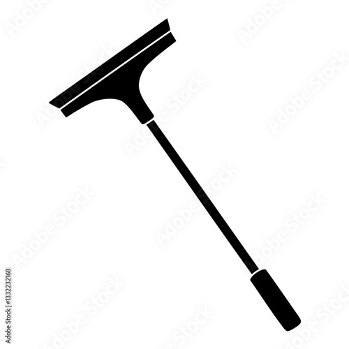 Black silhouette of squeegee cleaning tool with long handle for window washing, glyph icon vector