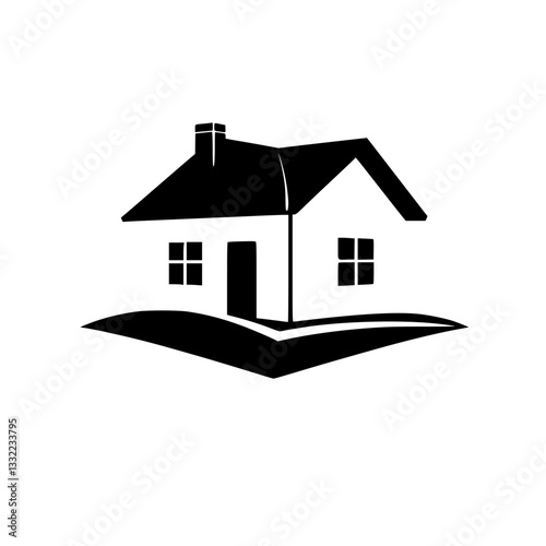 Minimalist black and white vector illustration of a house with a chimney and windows, set on a stylized landform, evoking a sense of simplicity and home.