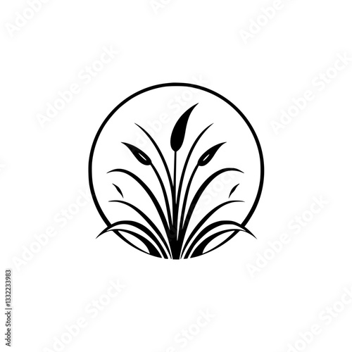 Stylized black and white emblem featuring a cluster of reeds and leaves within a circular frame, minimalist design.