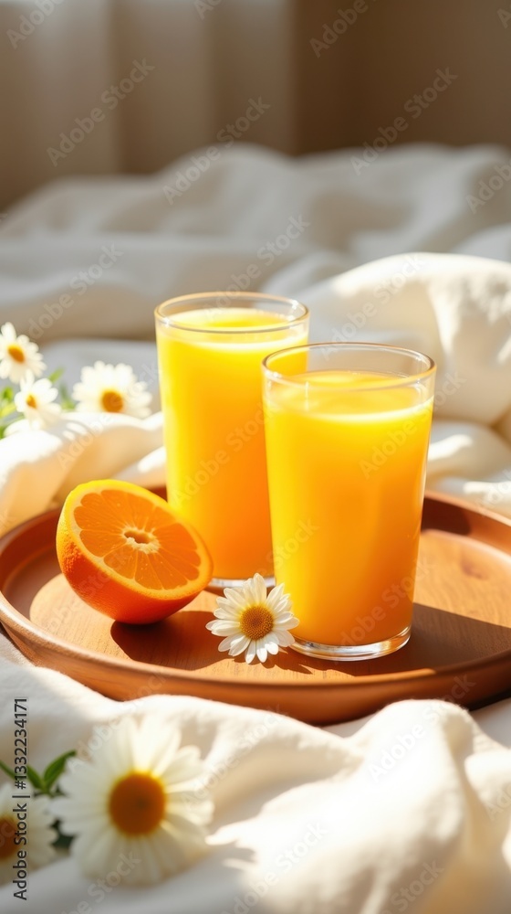 Refreshing glasses of orange juice with fresh citrus and daisies on a wooden tray. Cozy morning scene with sunshine and soft linens. Aesthetic breakfast moment for a healthy lifestyle Refreshing glasses of orange juice with fresh citrus and daisies on a wooden tray. Cozy morning scene with sunshine and soft linens. Aesthetic breakfast moment for a healthy lifestyle