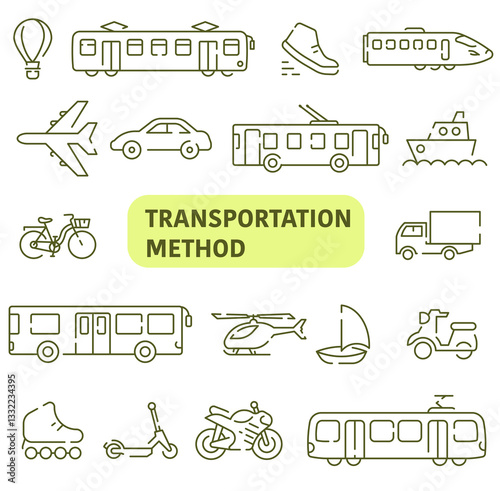 Transport icons. Different types of transport in thin line. Road, rail, air, water transport.