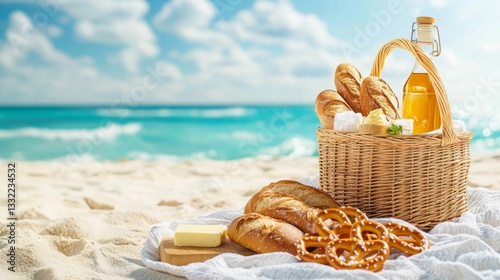 Summer picnic basket bread beach A beach picnic scene with a basket of bread, butter, and oil against a beautiful ocean backdrop.