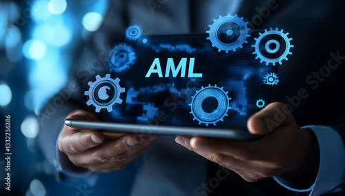 Businessman using a tablet displaying AML (Anti-Money Laundering) with digital gears, financial security concept