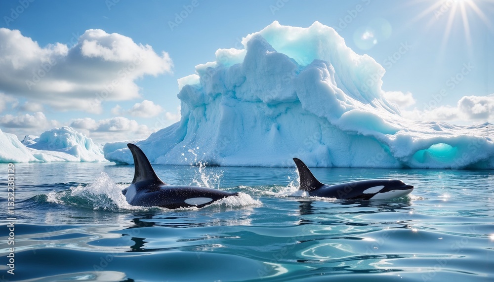 The Orcas killer Whales swimming and diving against the huge iceberg, sunny day