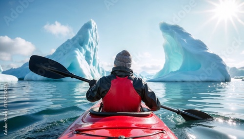 The kayaker with long black paddle, black gloves  and in knitted hat paddling toward the huge iceberg  in red kayak, back view - sunny day