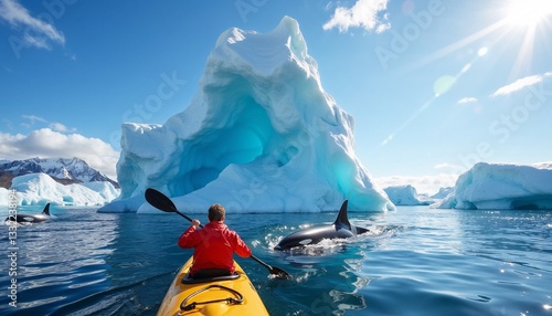 Obraz na płótnie The man paddling journey with orca killer whales in the iceberg area w salonie