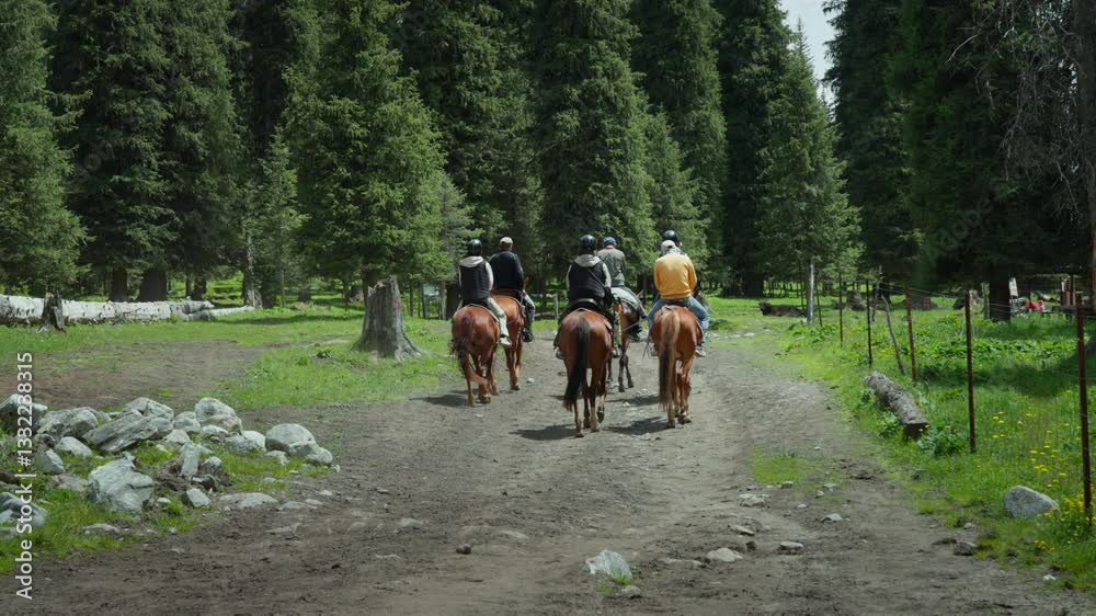 4k Video of Tourists Riding Horses Through Lush Forests in Zhaosu Shatta Yili Xinjiang