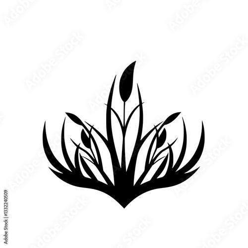 Minimalist Black Silhouette Illustration of Stylized Reeds and Grasses in a Symmetrical Composition on White Background.