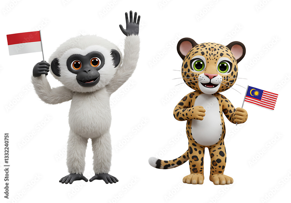 Fototapeta premium Cartoon Monkey and Leopard Holding Flags Standing on White Background