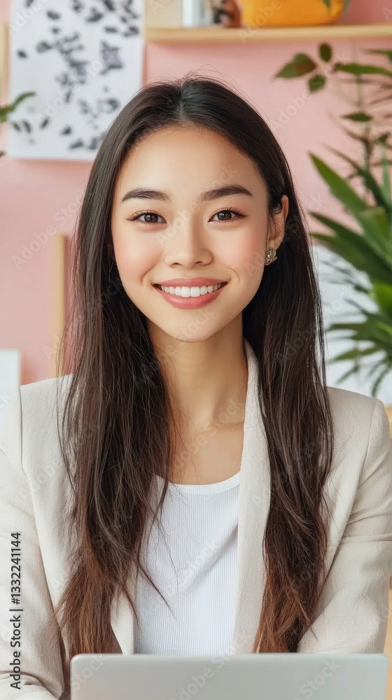 Confident young woman smiling in modern office environment Confident young woman smiling in modern office environment