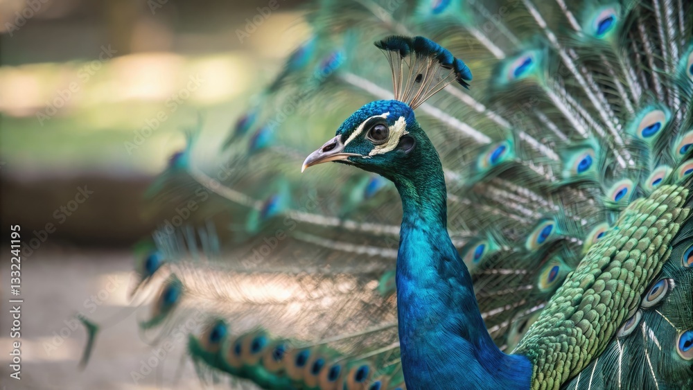 Fototapeta premium Close-Up of a Peacock with Vibrant Plumage Displayed, Capturing the Elegance and Beauty of Exotic Wildlife