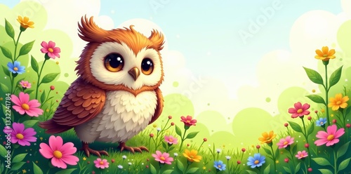 Adorable drawing of a playful owl surrounded by vibrant flowers and greenery in a lush meadow , illustration, owl