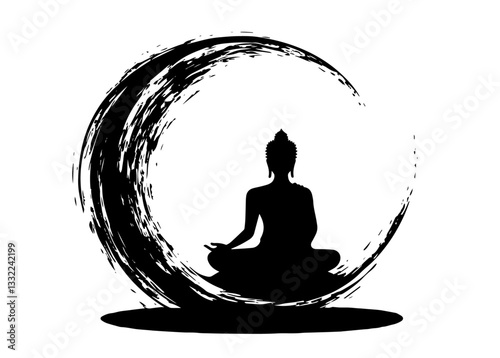 buddha silhouette in meditation with zen brush circle black and white vector
