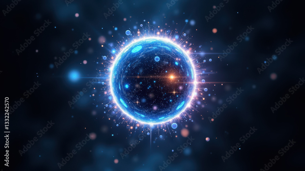 Fototapeta premium Dynamic molecular model with glowing atoms and energy trails against cosmic background.