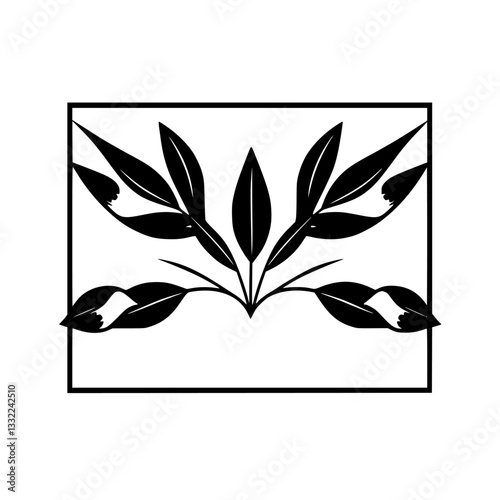Symmetrical minimalist botanical design featuring stylized black leaves within a rectangular frame, creating a balanced composition.