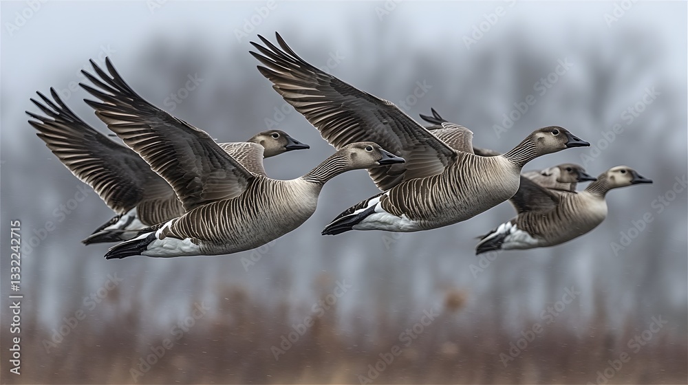 Obraz premium Migrating Gray Geese Flying Together 