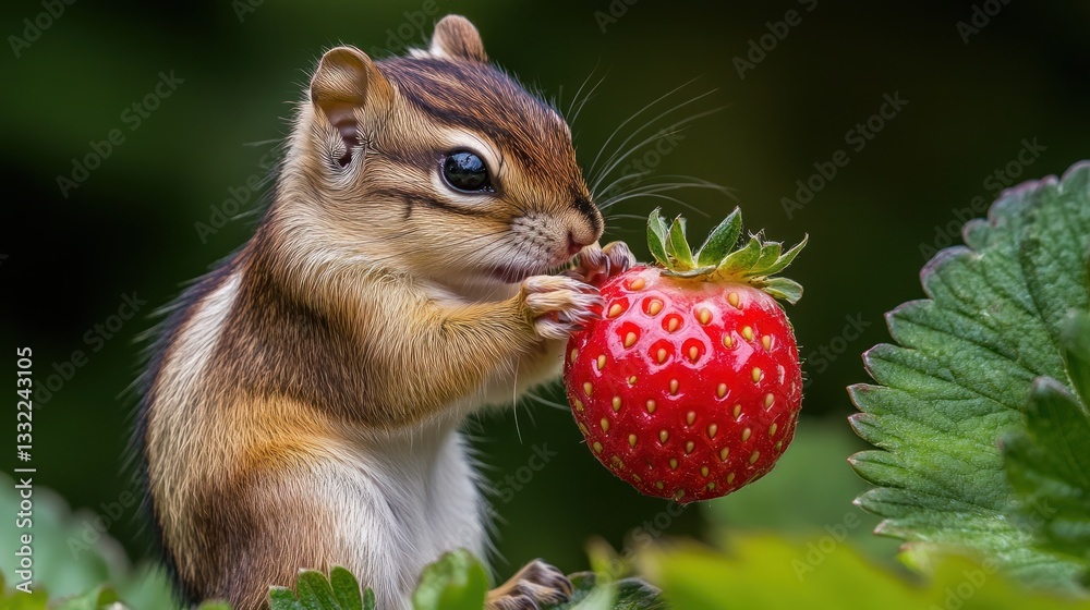 Obraz premium Cute chipmunk eating a strawberry.