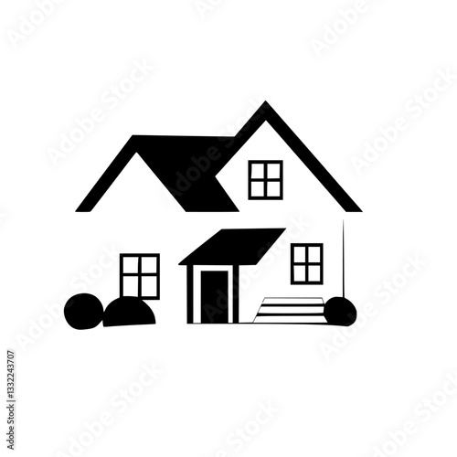 Minimalist Black & White Home Illustration: Simple Cottage with Gable Roof, Porch, Windows, and Topiary.