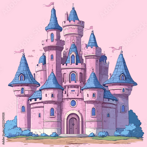 Whimsical illustration of a fairytale pink castle with blue-topped towers, set against a soft pink background, evoking themes of fantasy, magic, and enchanting adventures
