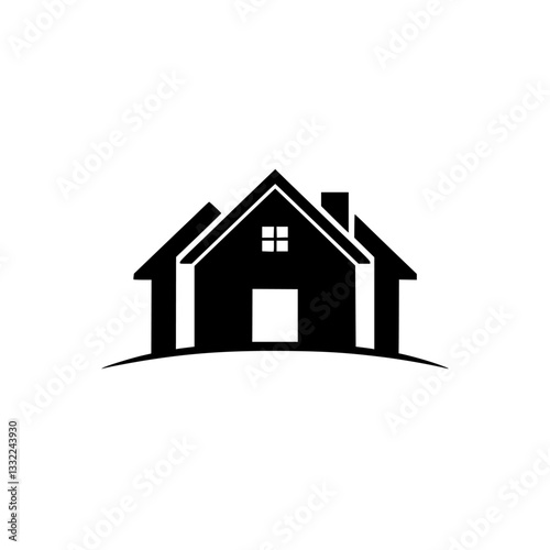A sleek, minimalist black and white logo of a contemporary house with a chimney, set on a stylized curved base, conveying a sense of modern architecture and design.