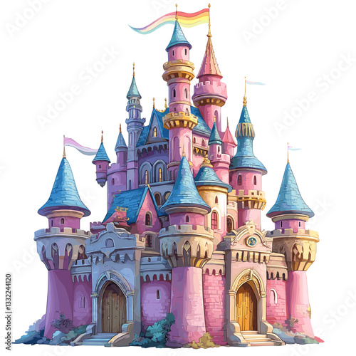 Charming illustration of a magical pink castle with blue-topped towers and rainbow flags, evoking themes of fantasy, fairy tales, and whimsical adventures in an enchanted kingdom