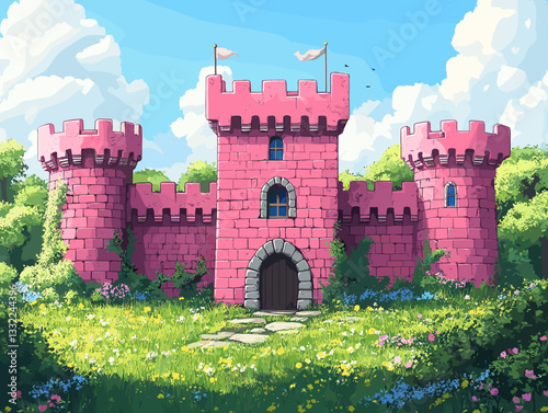 Charming illustration of a whimsical pink castle surrounded by lush greenery and blooming flowers under a bright blue sky, evoking themes of fantasy, fairy tales, and enchantment