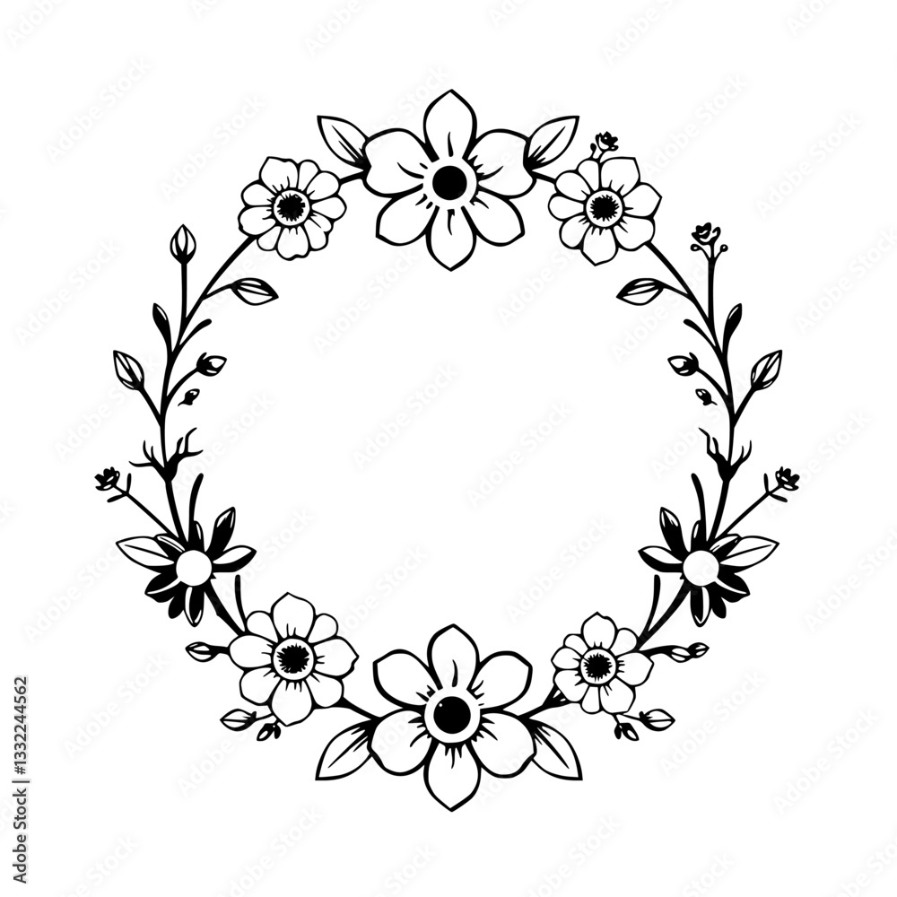 Elegant Floral Wreath: Monochrome, Hand-Drawn, Circular Composition with Varied Blooming Flowers and Budding Branches, Suitable for Decorative Designs.