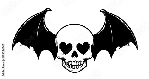 gothic skull with black bat wings and heart eyes vector