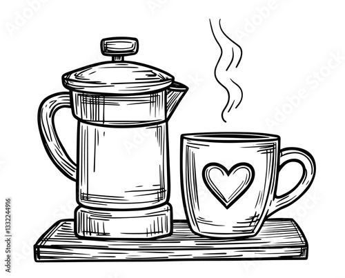 french press and coffee mug with heart on wooden tray
