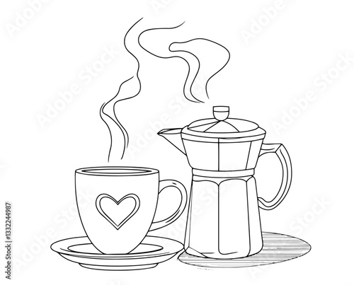 coffee cup with heart and moka pot line drawing