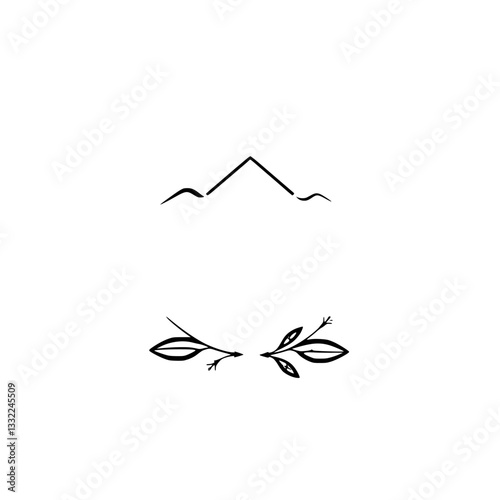 Minimalist black ink illustration of a mountain range above floral elements, creating a balanced symmetrical design.