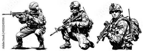 soldiers with rifles vector silhouette shape black outline
