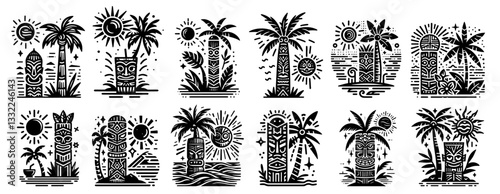 tribal tiki totems and palm trees tropical vector icons